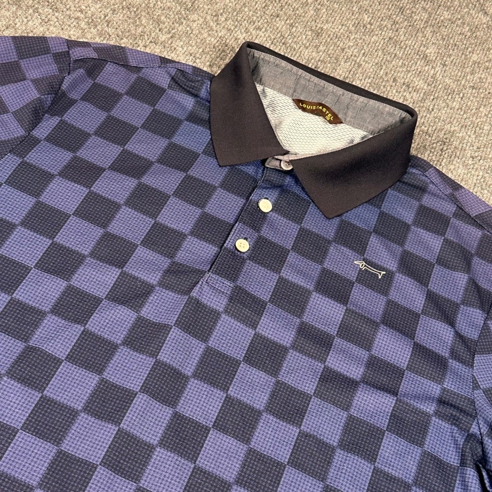 Louis Castel Mens Checkered Polo Shirt‎ Navy Blue Short Sleeve Golf Size 110 XL